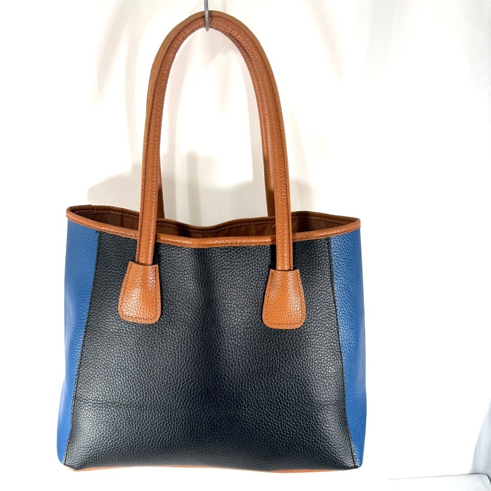 Neiman Marcus Black, Blue and Tan Leather Colorblock Tote